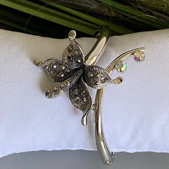 Butterfly Rhinestone Silver Cuff Bracelet​ - Picture 2 of 9